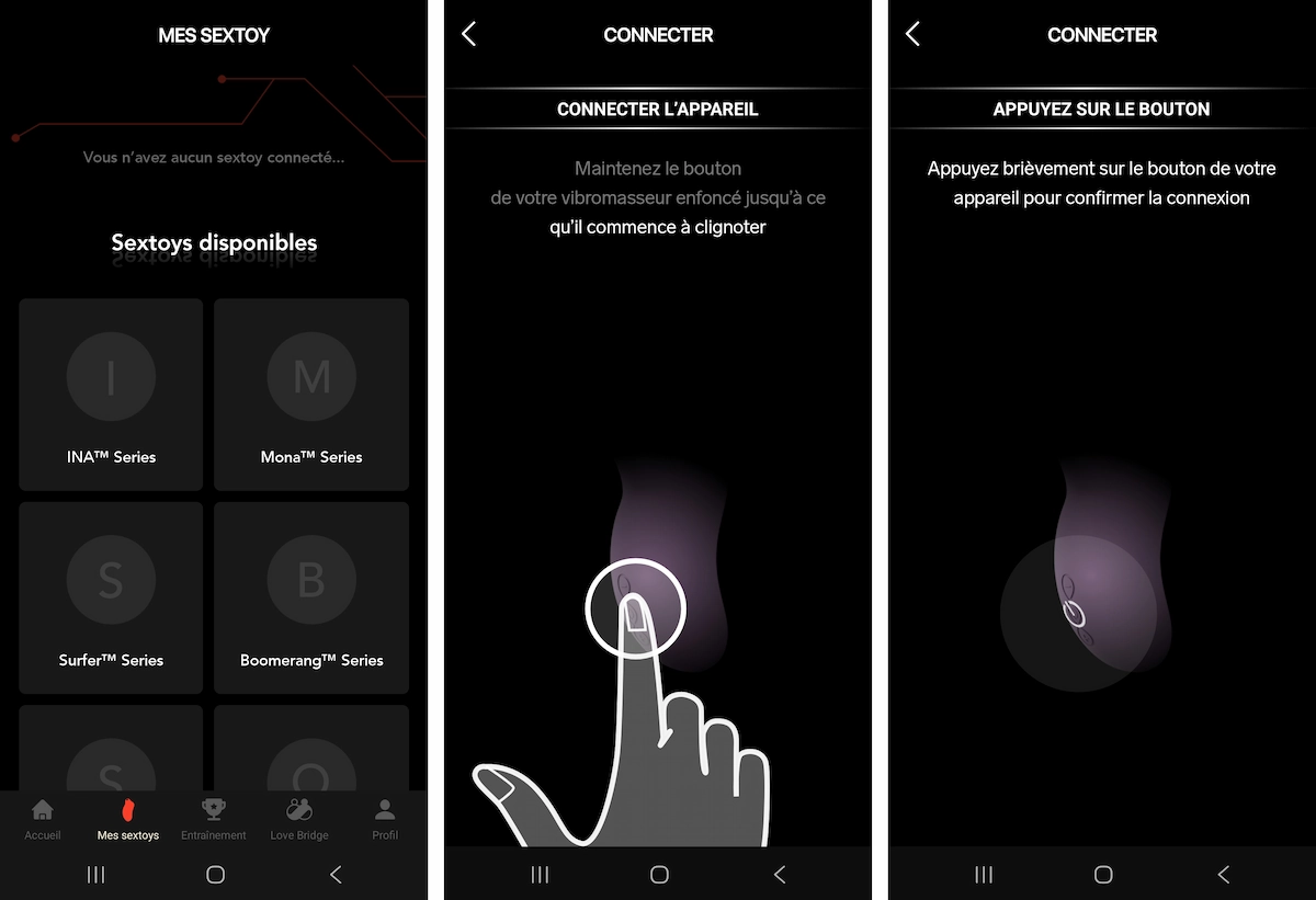 Trois captures d’écran de l’application Lelo montrant les différentes étapes du couplage du Lelo Sona 3 Cruise