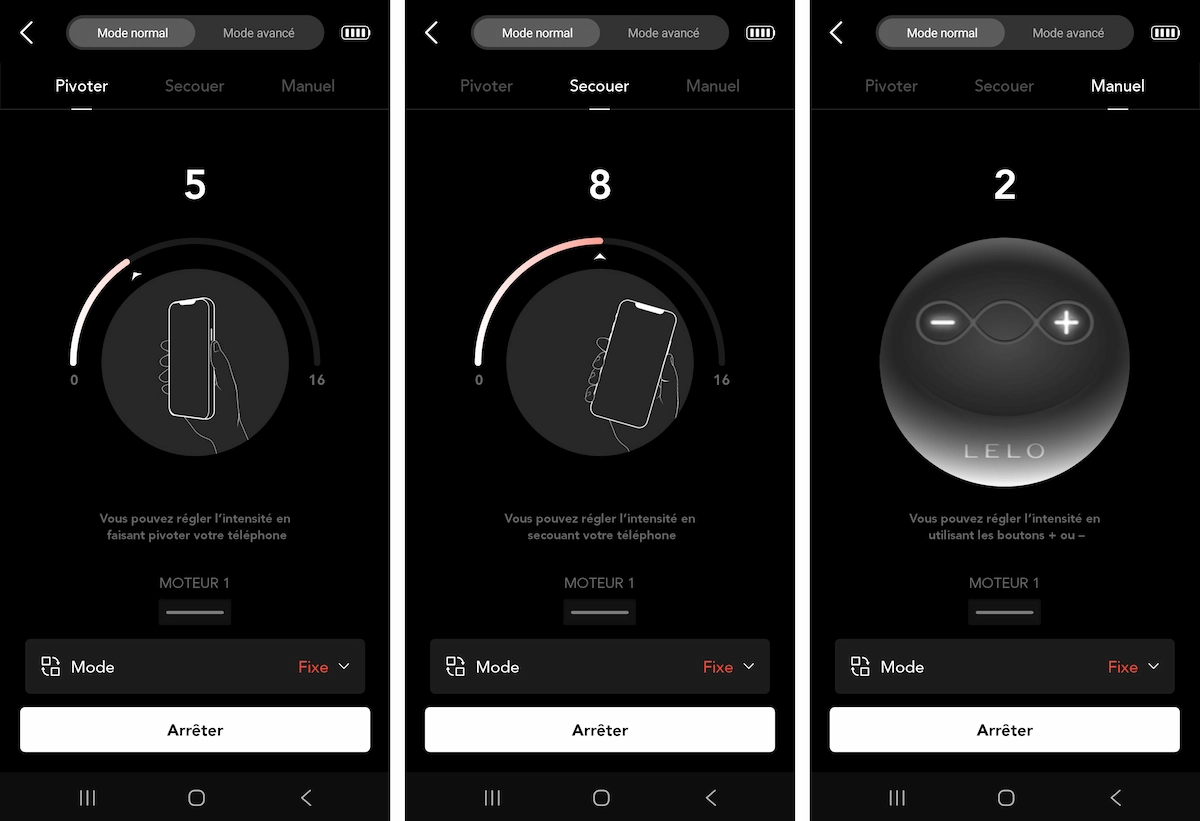 Captures d’écran de l’application Lelo montrant trois modes de contrôle différents