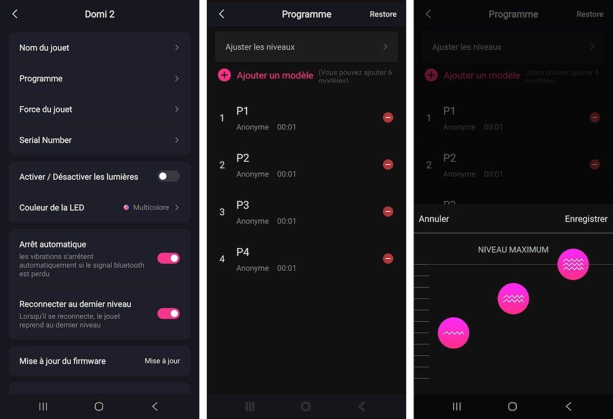 Trois captures d’écran de l’application Lovense montrant la modification des modes enregistrés sur l’appareil