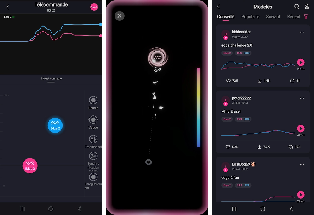 Captures d’écran de l’application Lovense montrant des programmes de vibration et le contrôle en temps réel