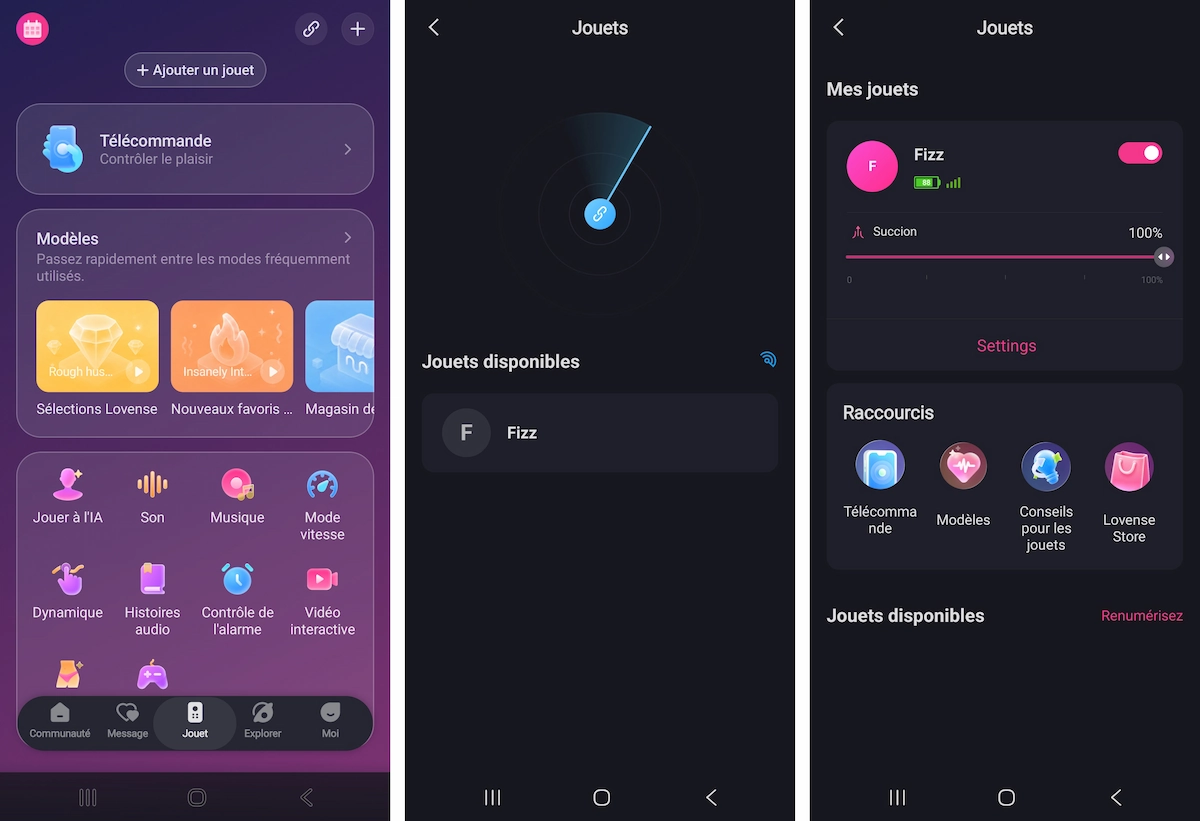 Captures d’écran de l’application Lovense Remote lors de la configuration initiale du Lovense Fizz